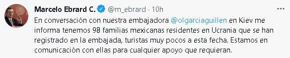 Marcelo Ebrard indicó que las familias mexicanas que residen en Ucrania asciende a 98 (Foto: Twitter/ @m_ebrard)