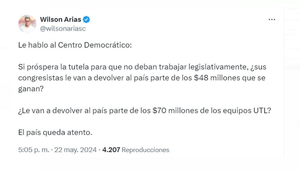 La pregunta del senador Arias al Centro Democrático abre un debate sobre la necesidad de transparencia y responsabilidad financiera en el ejercicio del poder legislativo - crédito @wilsonariasc/X