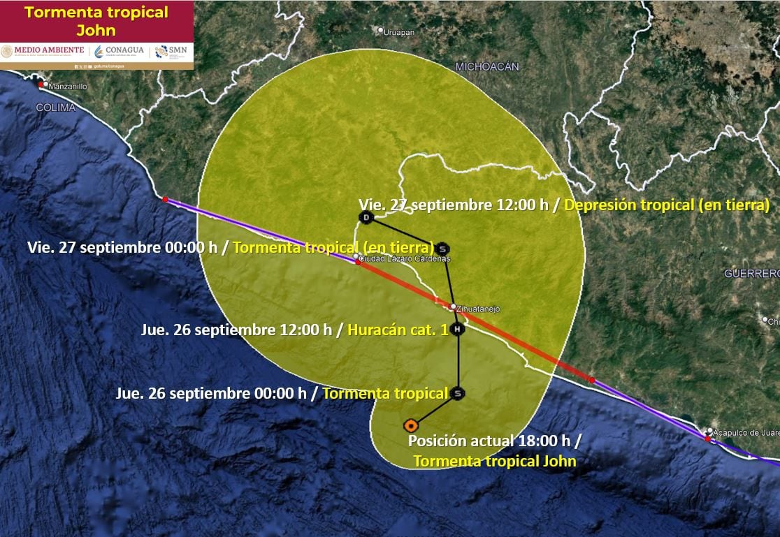 Pronóstico de la tomenta John, podría convertirse en huracán categoría 1 para el jueves 26 (X/ @conagua_clima)