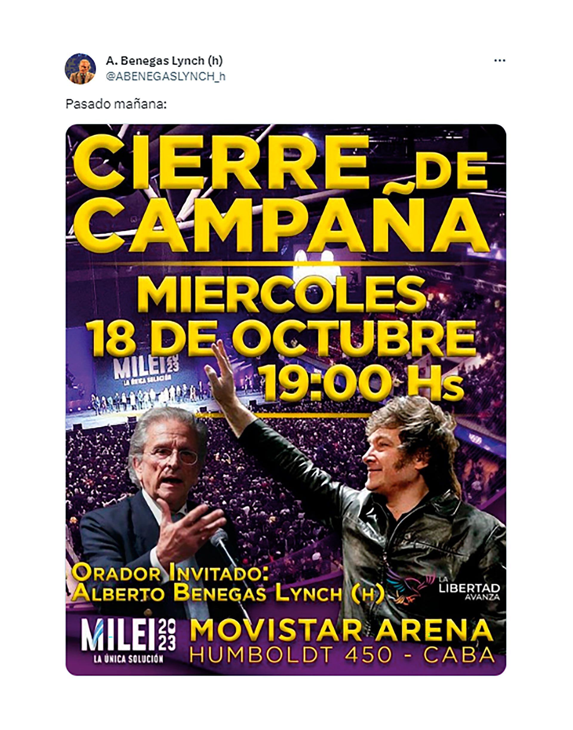 Alberto Benegas Lynch será en el cargado de marcar el inicio del acto en el Movistar Arena