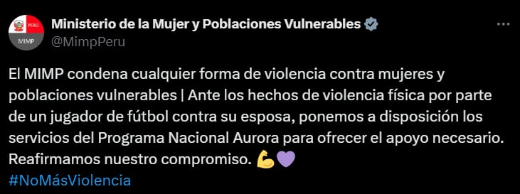 Pronunciamiento del Ministerio de la Mujer y poblaciones Vulnerables. (Captura de pantalla)