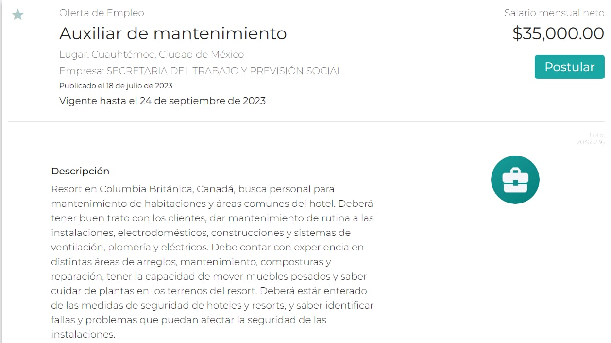 The Canada job posting is looking for Mexicans with a high school certificate and basic English proficiency.  (Screenshot/STPS).