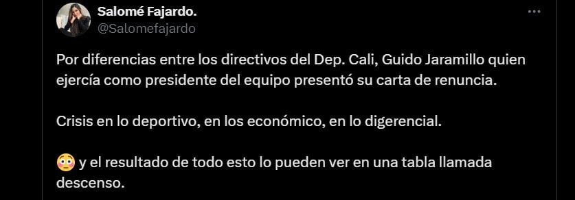 Las diferencias en la junta directiva del Deportivo Cali causaron la salida del presidente Guido Jaramillo - crédito @Salomefajardo./X