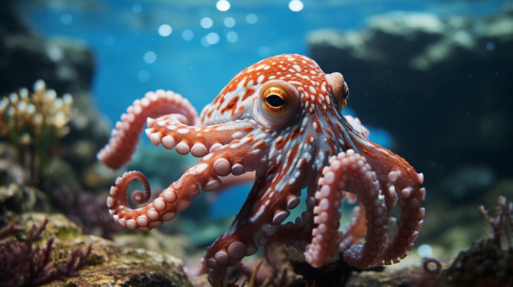 Fotografía submarina de un pulpo colorado con manchas blancas en un arrecife de coral con luz clara proveniente de la superficie (Imagen ilustrativa Infobae)