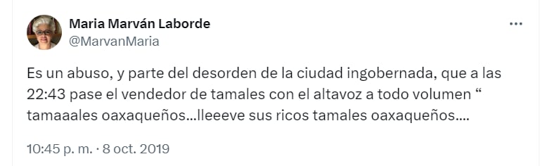 AMLO criticó la publicación de María Marván Laborde, exconsejera del INE, por quejarse del volumen y hora en que vendedor de tamales pasa (Captura de Pantalla)