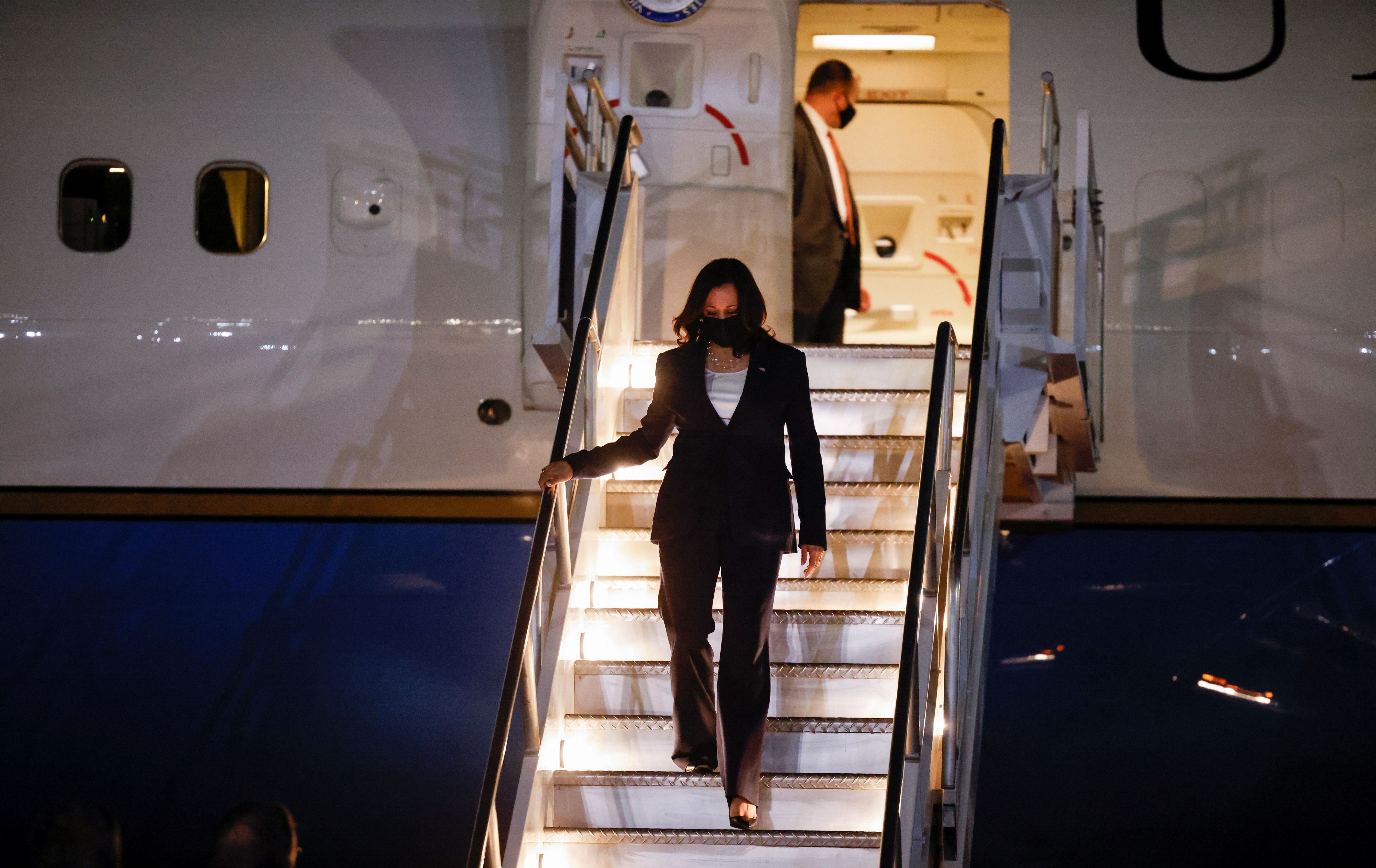 U.S. Vice President Kamala Harris disembarks from Air Force Two as she arrives at Benito Juarez International Airport in Mexico City, Mexico, for her first international trip as Vice President to Guatemala and Mexico, June 7, 2021. REUTERS/Carlos Barria