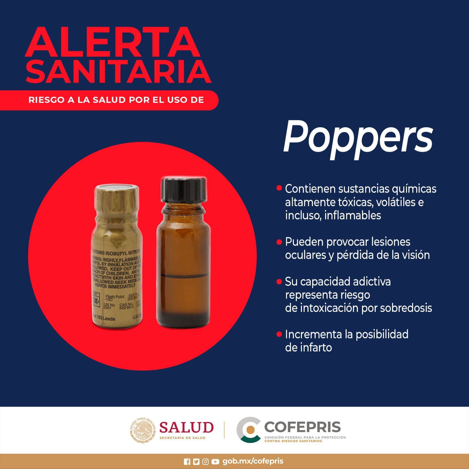 Cofepris alerta por consumo de poppers
Créditos: (Twitter @COFEPRIS)