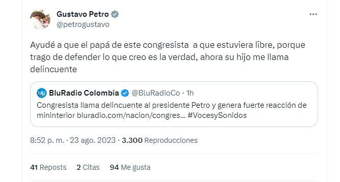 En su mensaje en la red social X (Twitter), el presidente Gustavo Petro le respondió al representante José Jaime Uscátegui, que lo llamó "delincuente político" - crédito @petrogustavo/X