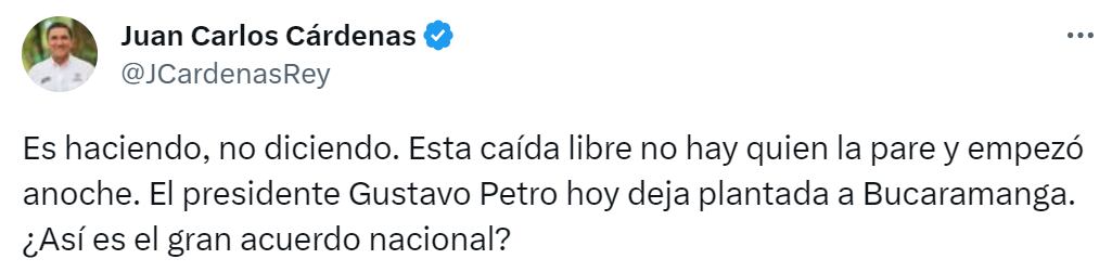 El alcalde de Bucaramanga criticó la ausencia del presidente Gustavo Petro en un evento público en la ciudad - crédito @JCardenasRey / Twitter