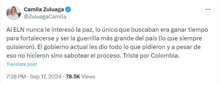 La comunicadora aseguró que el ELN buscaba fortalecer su control territorial por el territorio nacional - crédito @ZuluagaCamila/X