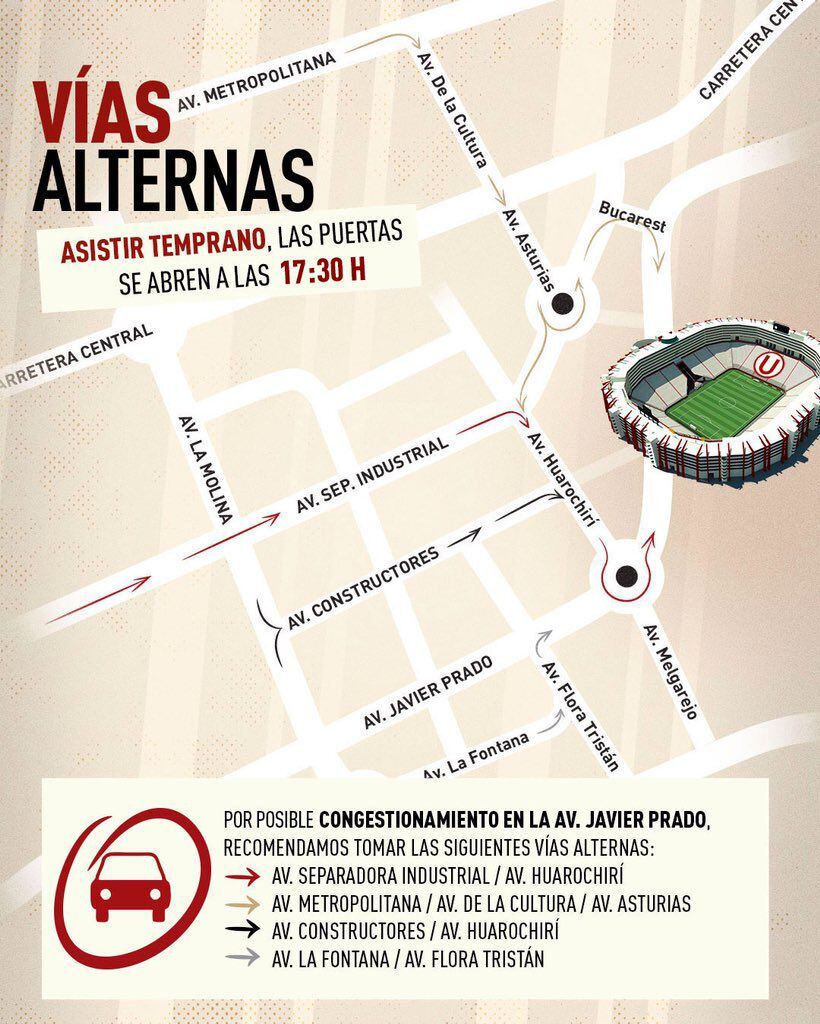 Vías alternas para llegar al estadio Monumental para el Universitario vs Alianza Atlético. (Universitario)
