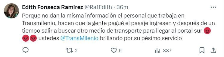 Usuarios reclaman a Transmilenio por falta de información - crédito redes sociales