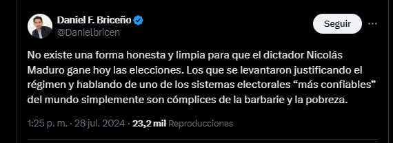 Daniel Briceño criticó a quienes defienden sistema electoral de venezuela - crédito @Danielbricen/X