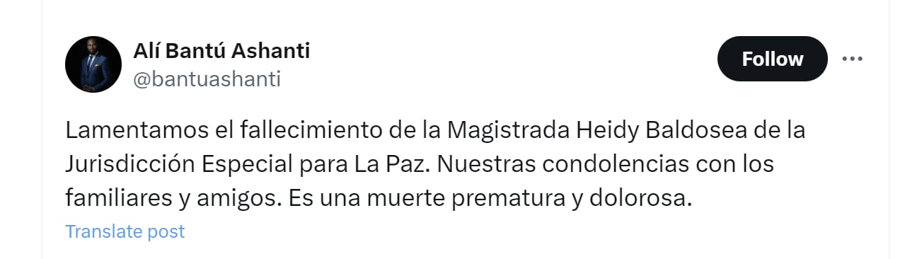 El director del colectivo Justicia Racial, Alí Bantú Ashanti, lamentó muerte de magistrada Heydi Baldosea - crédito @bantuashanti/X