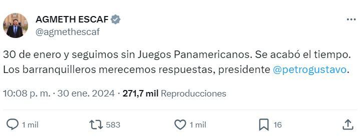 A través de su cuenta de X el representante del Pacto Histórico le solicitó respuestas al presidente - crédito @agmethescaf/X