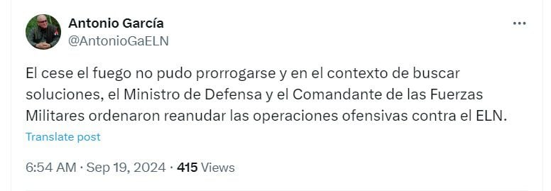 García indicó que los diálogos de paz con el Gobierno se debe a incumplimientos de los representantes de la administración Petro - crédito @AntonioGaELN/X