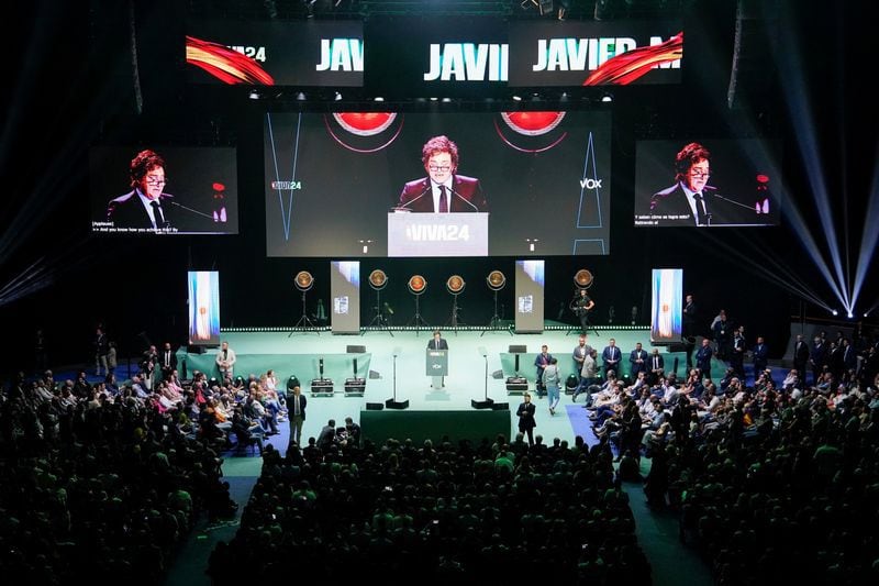 El presidente Javier Milei, habló durante el evento organizado por el partido de extrema derecha español Vox (Reuters)