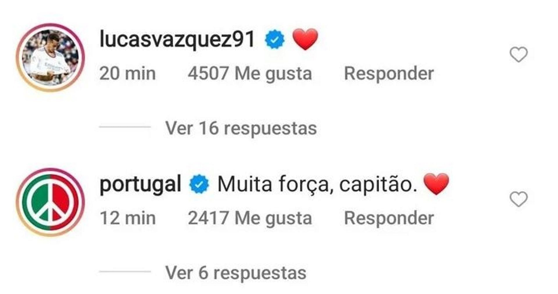 El futbolista del Real Madrid Lucas Vázquez y la cuenta de Portugal también estuvieron presentes con mensajes enel Instagram del delantero