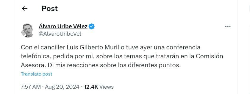 Álvaro Uribe  habla de una reunión telefónica que tuvo con el canciller de Colombia - crédito @AlvaroUribeVel