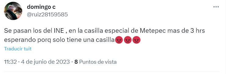 Debido al retraso y a la presencia de los policías, los ciudadanos tuvieron que esperar más de tres horas en la fila para las elecciones del Edomex 2023. (Captura de pantalla/Twitter).