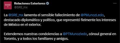 SRE mandó condolencias al cónsul de Canadá, hijo de Porfirio Muñoz Ledo (Twitter/@SRE_mx)