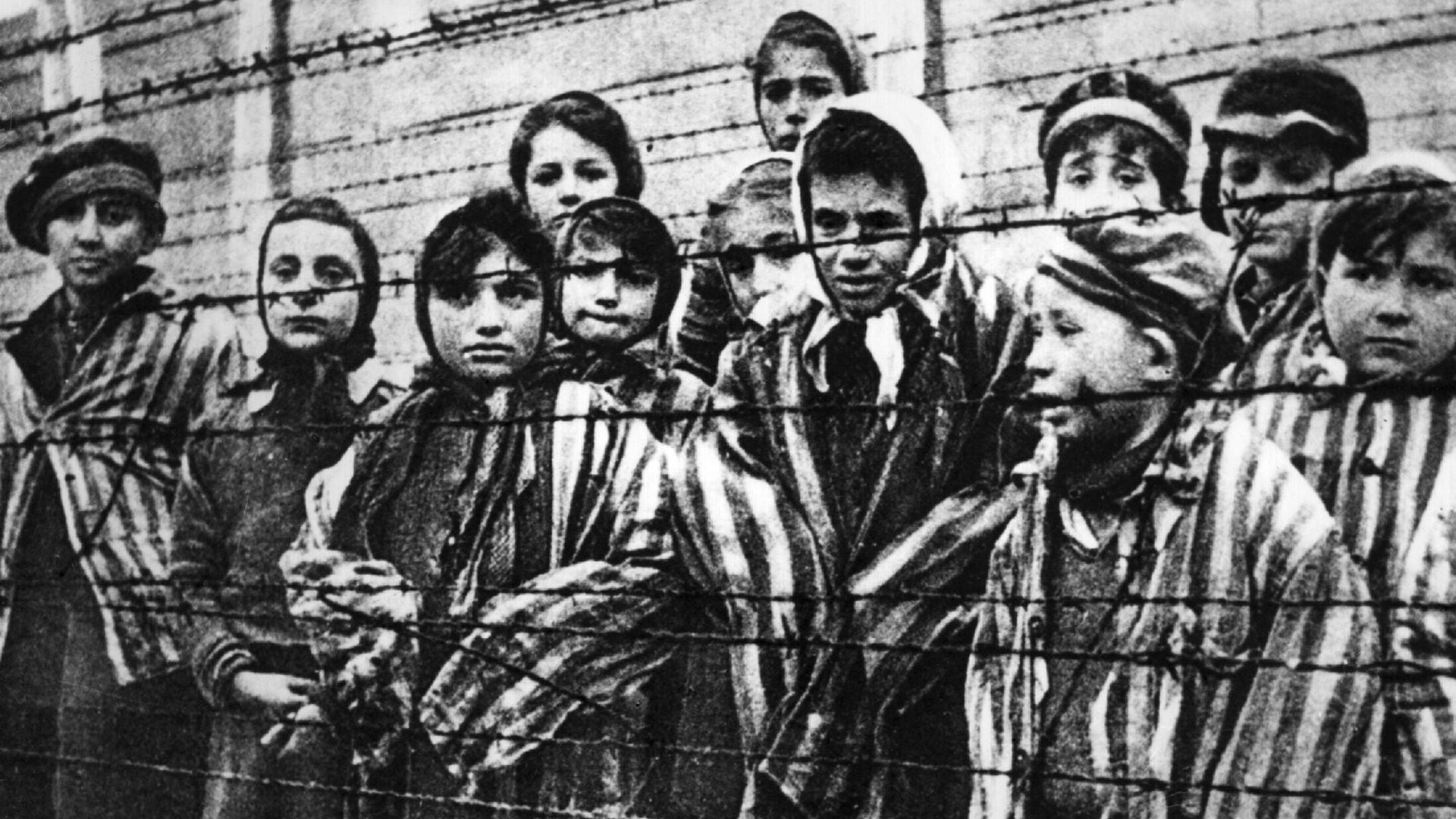 Un grupo de niños supervivientes detrás de una valla de alambre de púas en el campo de concentración nazi de Auschwitz-Birkenau, en el sur de Polonia, el día de la liberación del campo por el Ejército Rojo, el 27 de enero de 1945 (Photo by Alexander Vorontsov/Keystone/Hulton Archive/Getty Images)