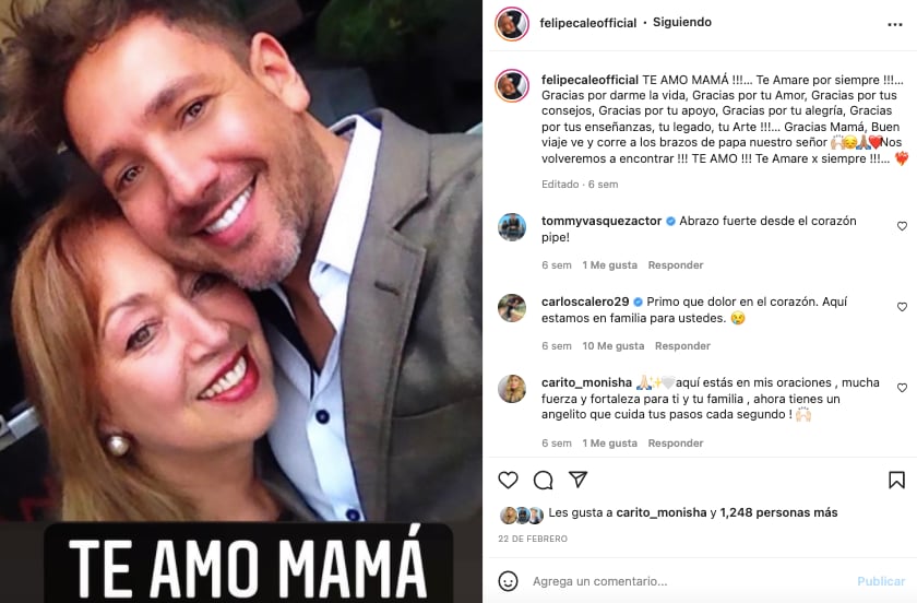 A través de su cuenta de Instagram compartió un emotivo mensaje tras la partida de su madre. Tomada de Instagram @felipecaleofficial