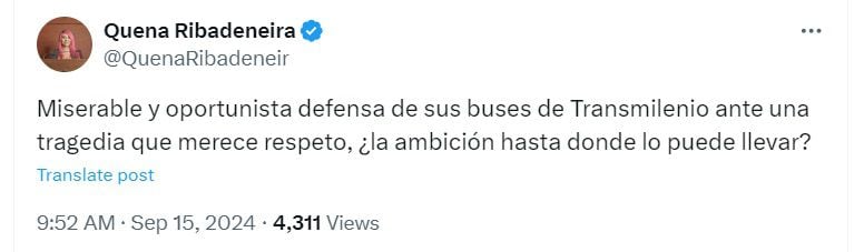 La concejala cuestionó que el exalcalde critique las obras de movilidad, usando un accidente de tránsito - crédito @QuenaRibadeneir/X