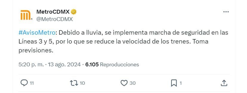 Servicio del Metro CDMX hoy 13 de agosto (X/ @MetroCDMX)