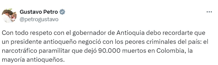 El presidente Petro le respondió a Rendón sin ningún titubeo - crédito @petrogustavo/X