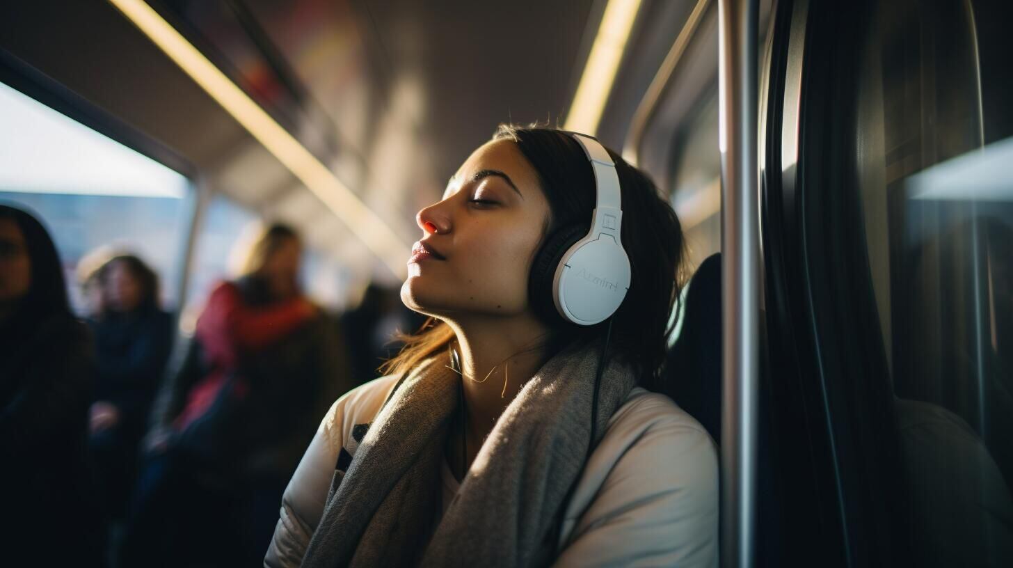 Mujer en transporte público, escuchando música con auriculares y disfrutando del viaje. Su expresión refleja serenidad y placer en medio del ajetreo urbano. (Imagen ilustrativa Infobae)