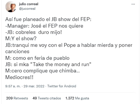 The businessman and co-founder of Rock al Parque, Julio Correal, strongly criticized J Balvin's concert at the Estereo Picnic Festival 2022.
PHOTO: Via Twitter (@jucorreal)