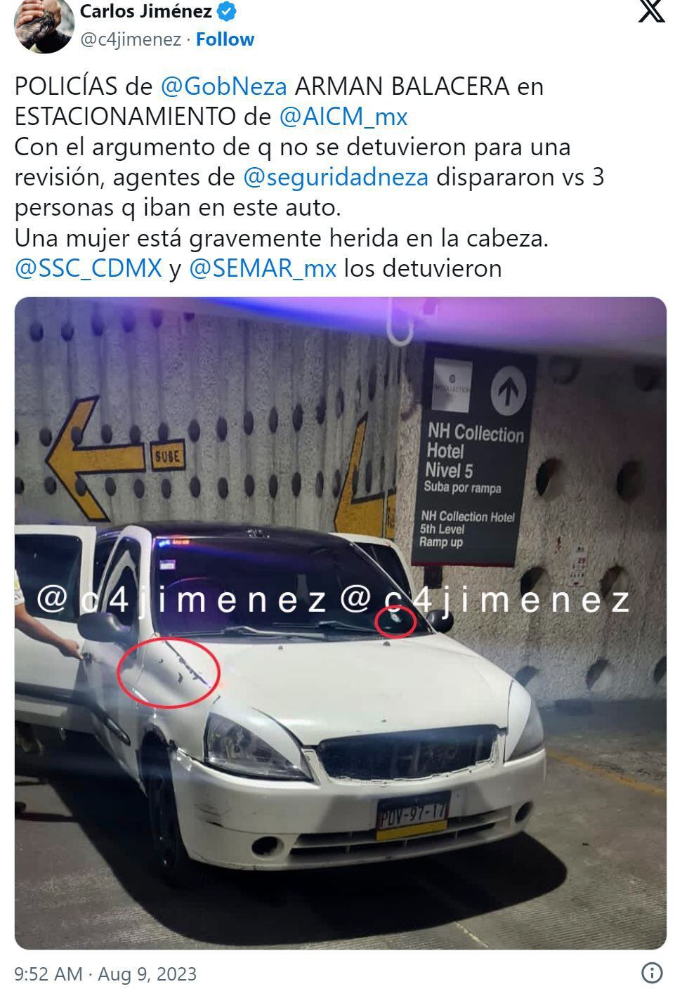 Una mujer resultó herida de gravedad en la cabeza tras la balacera. (Twitter) 