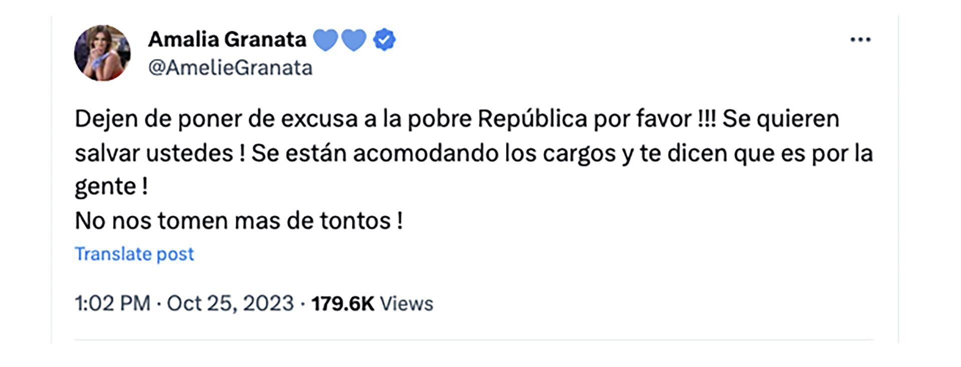 Tuit de Amalia Granata  Carlos Maslaton sobre Bullrich y Milei