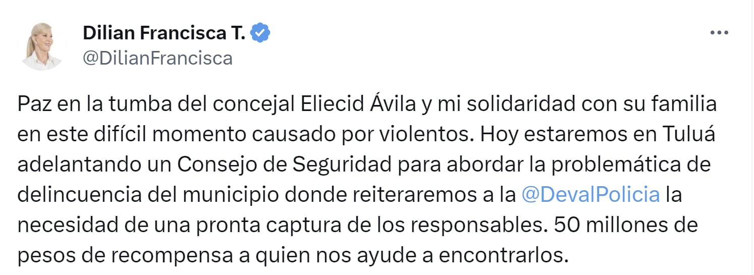 Dilian Francisca Toro, gobernadora del Valle del Cauca, lamentó la muerte del concejal Eliecid Ávila - crédito X