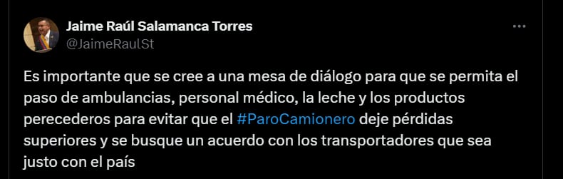 Pronunciamiento de Jaime Raúl Salamanca, presidente de la Cámara de Representantes - crédito @JaimeRaulSt/X