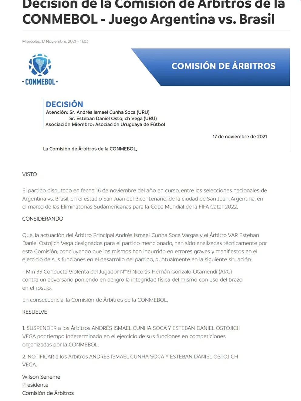 Andrés Cunha y Esteban Ostojich suspendidos por tiempo indeterminado por  arbitraje de Argentina-Brasil