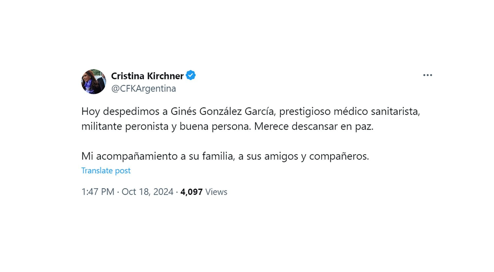 El recuerdo de Cristina Kirchner de Ginés González García