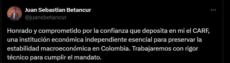 Juan Sebastián Betancur sobre su nombramiento como director del Carf - crédito @juansbetancur/X