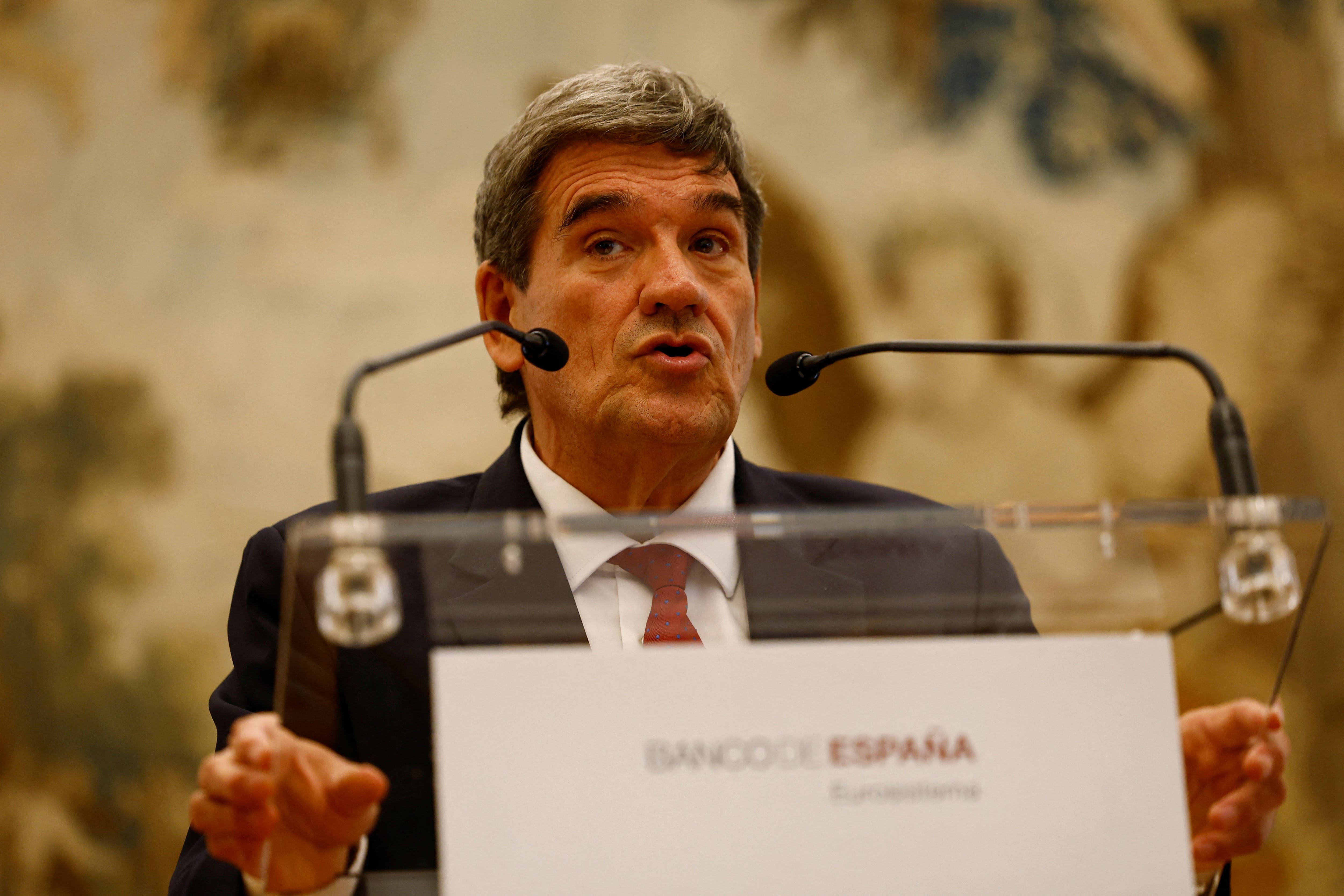 Jose Luis Escriva, new Governor of the Bank of Spain, delivers his first speech at the Bank of Spain headquarters in Madrid, Spain, September 24, 2024. REUTERS/Susana Vera