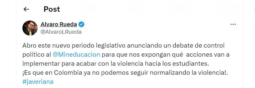 El congresista Álvaro Rueda, anunció debate de control político al ministro de Educación, Daniel Rojas - crédito @AlvaroLRueda