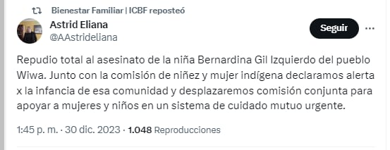 La directora del Icbf, Astrid Cáceres, rechazó el asesinato de una menor indígena en La Guajira - crédito @AAstrideliana/X