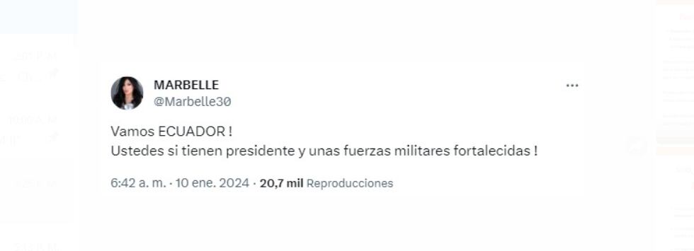 La cantante Marbelle mostró su apoyo a Ecuador tras la ola de violencia que se desató a principios de 2024- crédito @Marbelle30/Xd