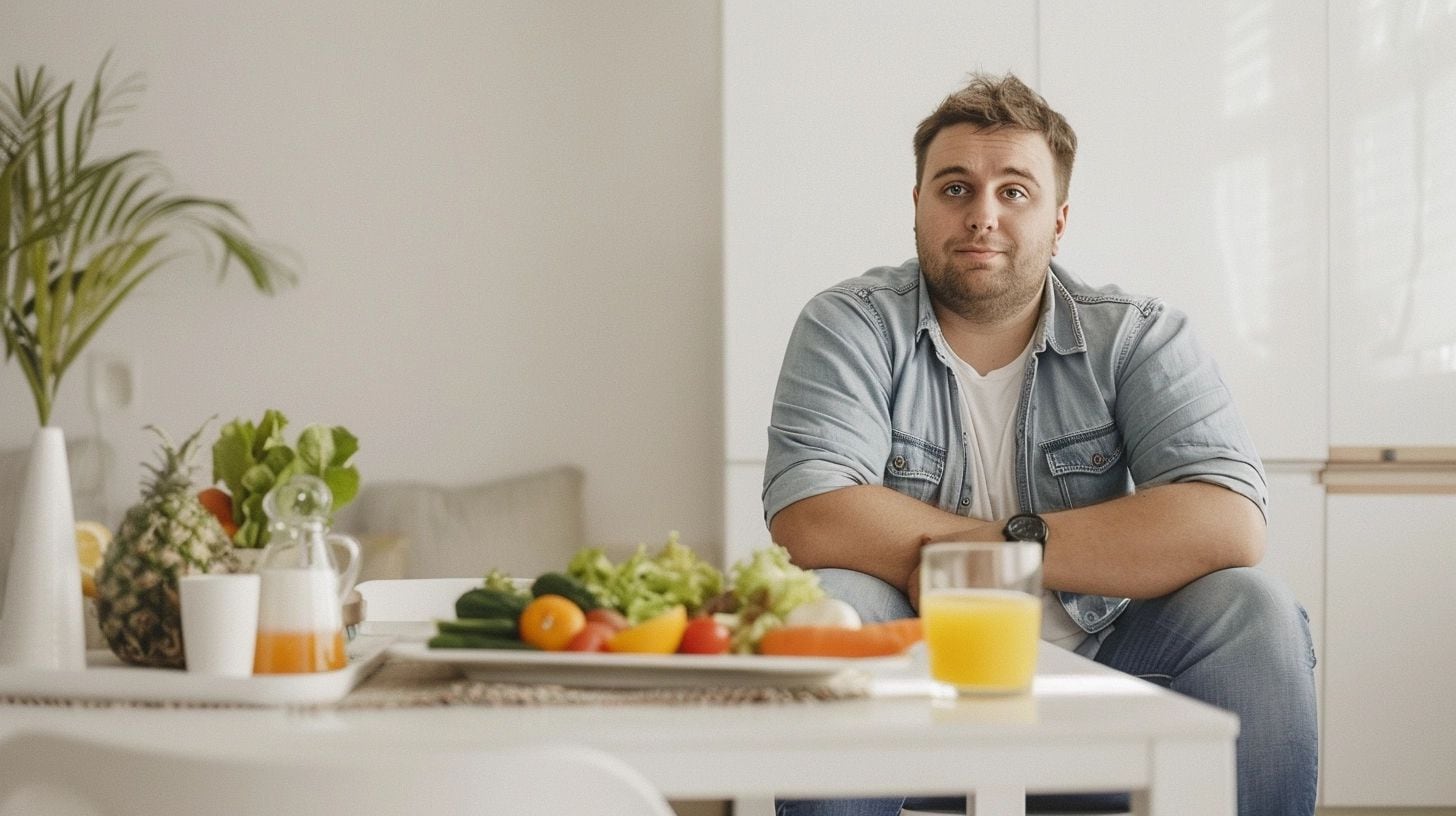 Un hombre con sobrepeso se encuentra frente a un plato de vegetales frescos y un jugo de naranja, un ejemplo de alimentación saludable. La imagen muestra a un hombre mirando la comida con interés, lo que puede ser un indicador de un cambio en sus hábitos alimenticios. La obesidad es un problema de salud que requiere atención y cambios en la dieta y el estilo de vida. (Imagen ilustrativa Infobae)