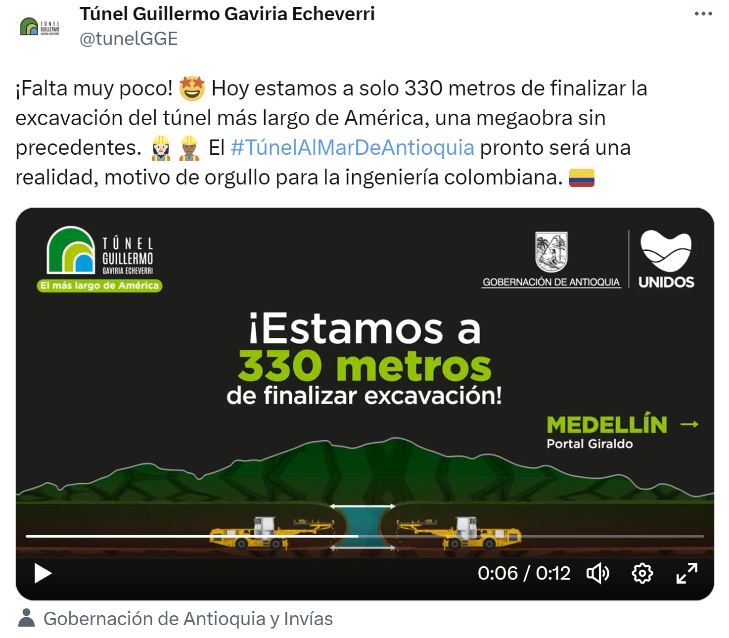 Están a solo 330 metros de completar la excavación del Túnel del Toyo: el más extenso de Suramérica. Este túnel proporcionará una conexión entre Medellín y el mar de Antioquia. Twitter/@tunelGGE