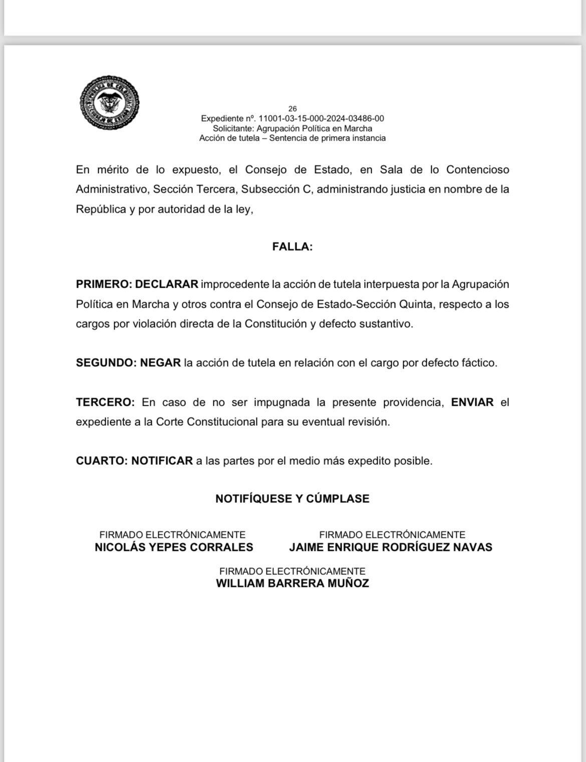 Consejo de Estado declaró improcedente la tutela que buscaba recuperar la personería juridica del movimiento poolítico En Marcha - crédito Consejo de Estado