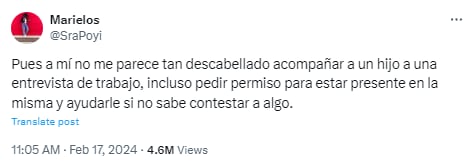 La opinión expresada por @SraPoyi en X sobre la posibilidad de que una madre acompañe a su hijo durante una entrevista laboral desató un intenso debate en las redes sociales