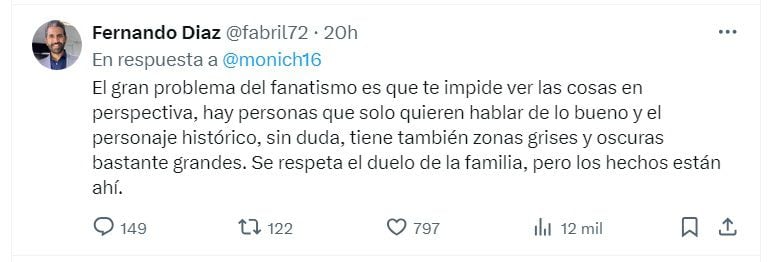 ⁠Fernando Díaz responde  a usuarios que lo critican por sus comentarios contra el régimen de Alberto Fujimori. Twitter.