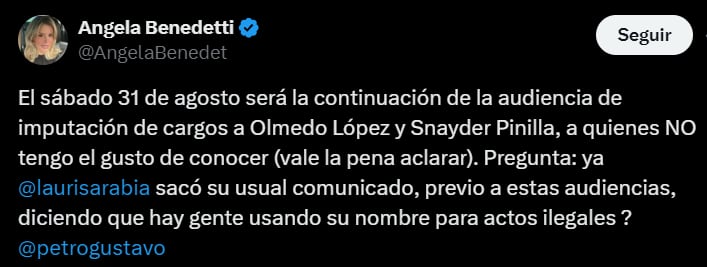 Ángela Benedetti arremetió contra Laura Sarabia - crédito @AngelaBenedet/X