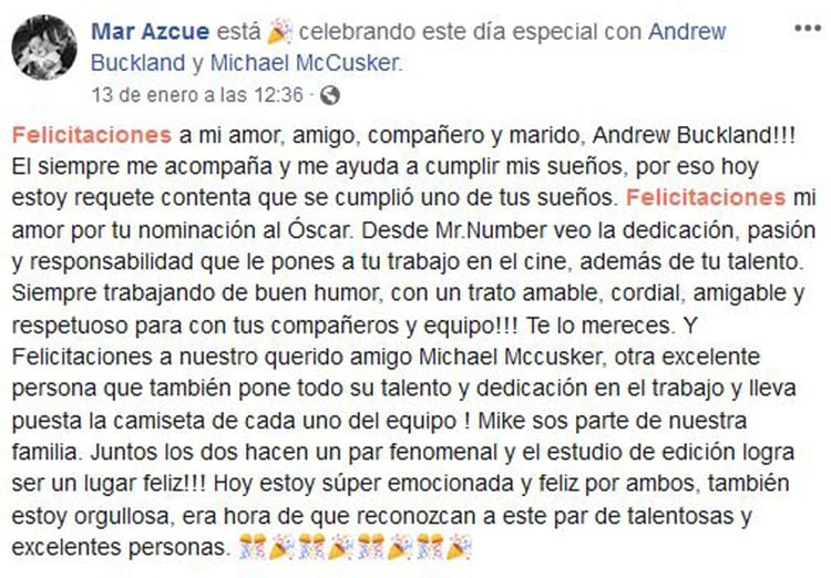 María dedicó un emotivo posteo a Andrew, cuando recibió la nominación a los Premios Oscar (Facebook)